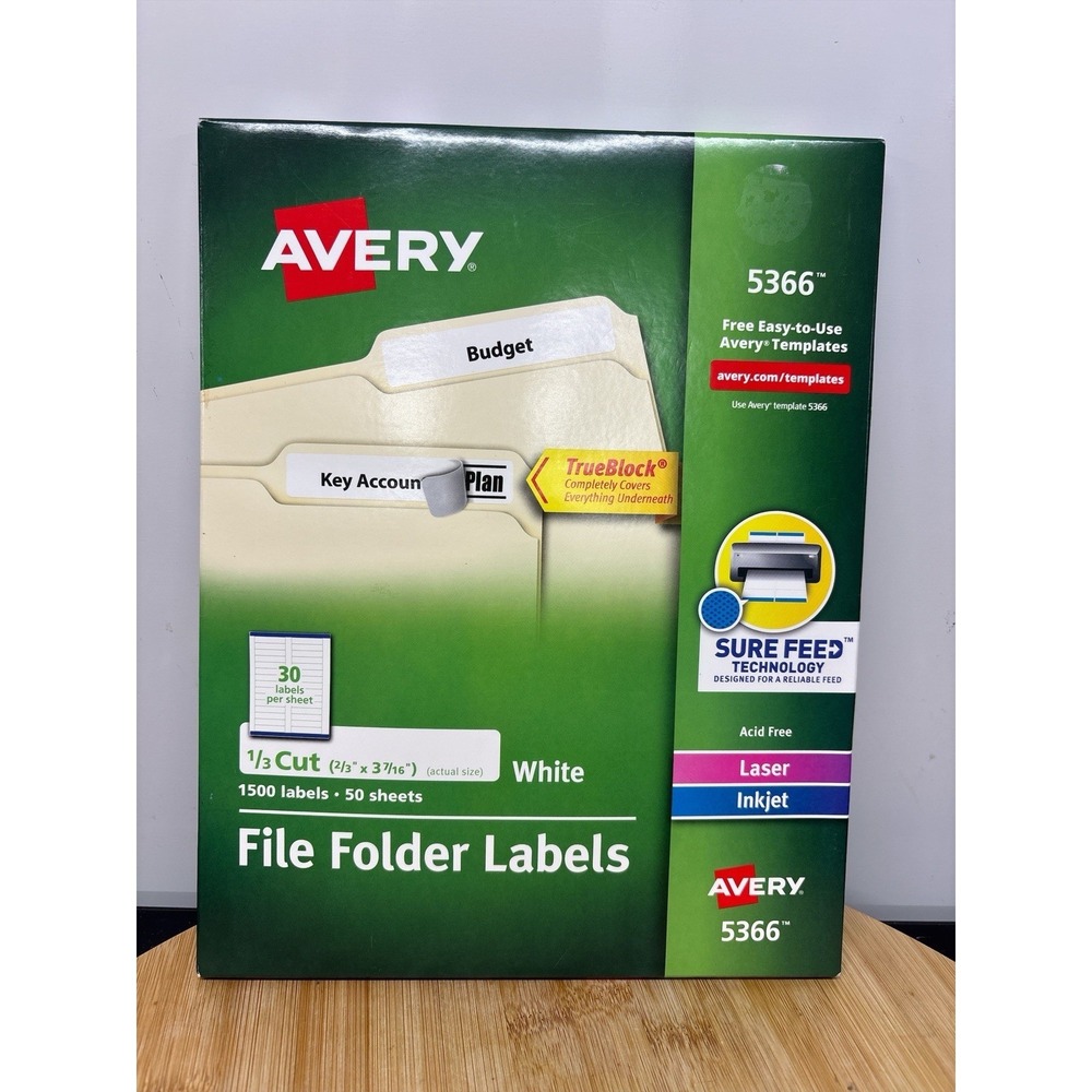 Avery Templates 5366 White File Folder Laser Inkjet Labels New Sealed 1500 Count